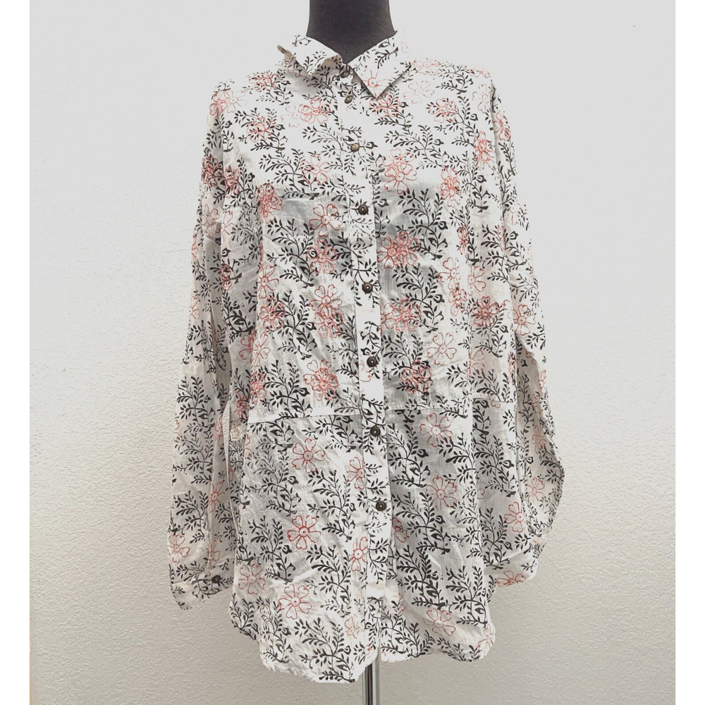 By Anthropologie Button Up Top Women XS/X White Floral Woven Long sleeve Blouse